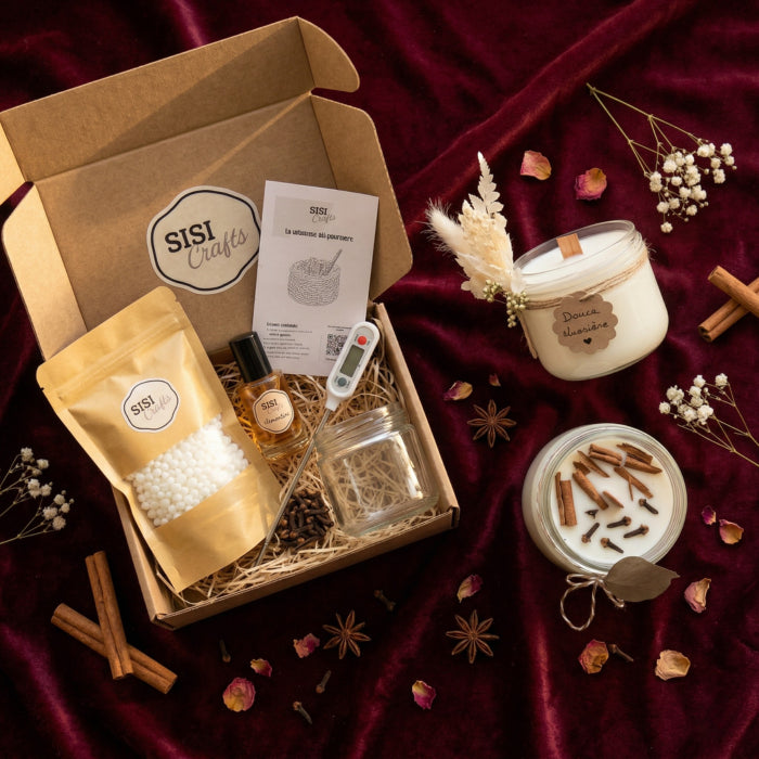 Box bougie de Noël Sisi Crafts avec pot en verre Boboco, cire de soja, parfum clémentine de Grasse et mèche en bois