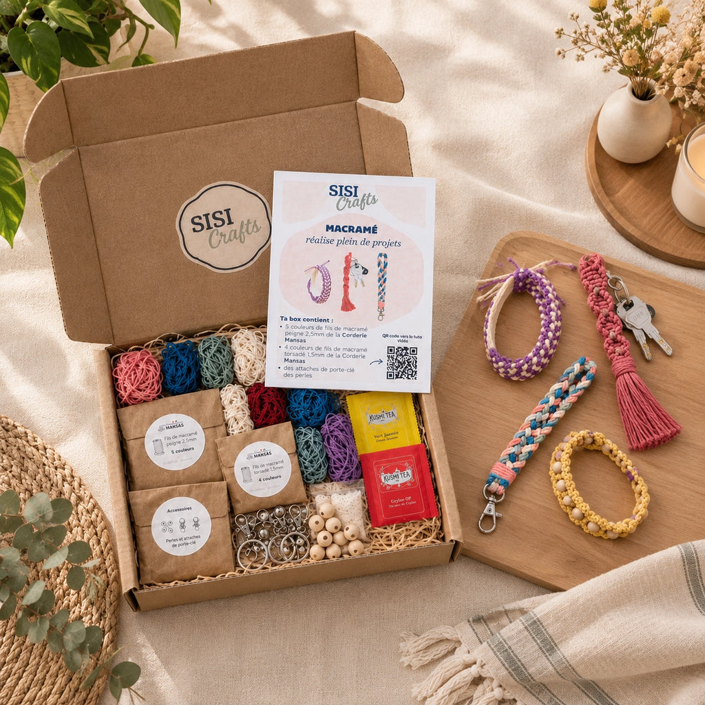 Box DIY  Macramé  avec fils colorés, perles en bois, attaches porte-clé et exemples réalisés : bracelet, porte-clés et pampille en macramé. _ Sisicrafts
