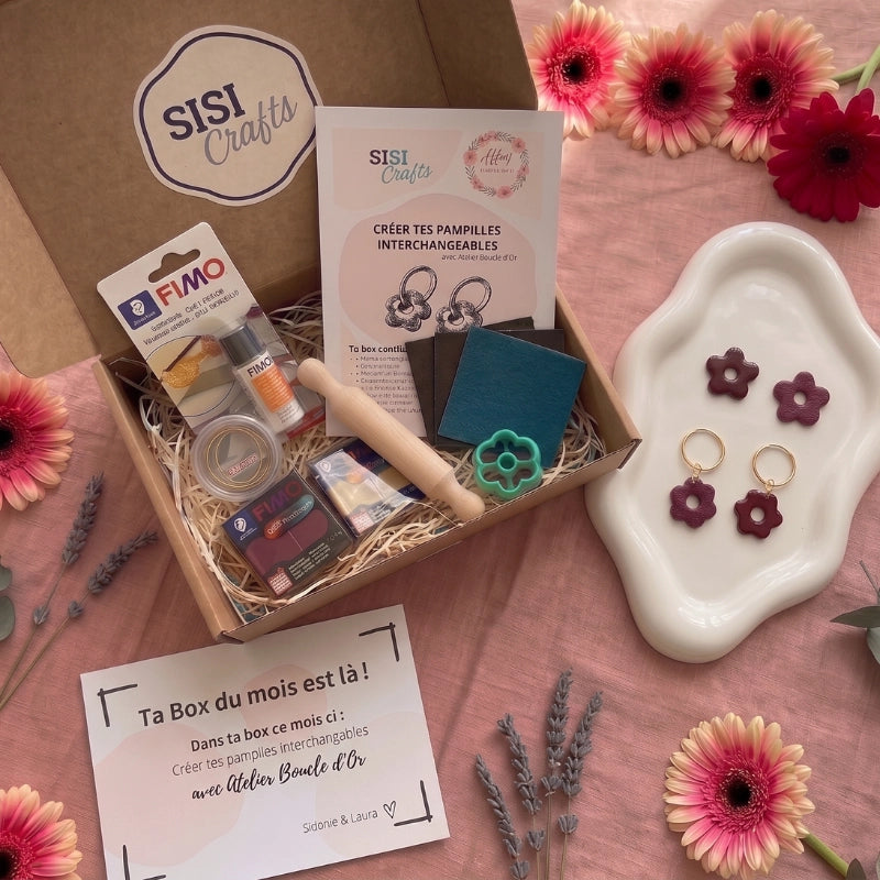 Box pampilles personnalisées Sisi Crafts — kit pâte polymère FIMO avec créoles dorées, emporte-pièce fleur et vernis